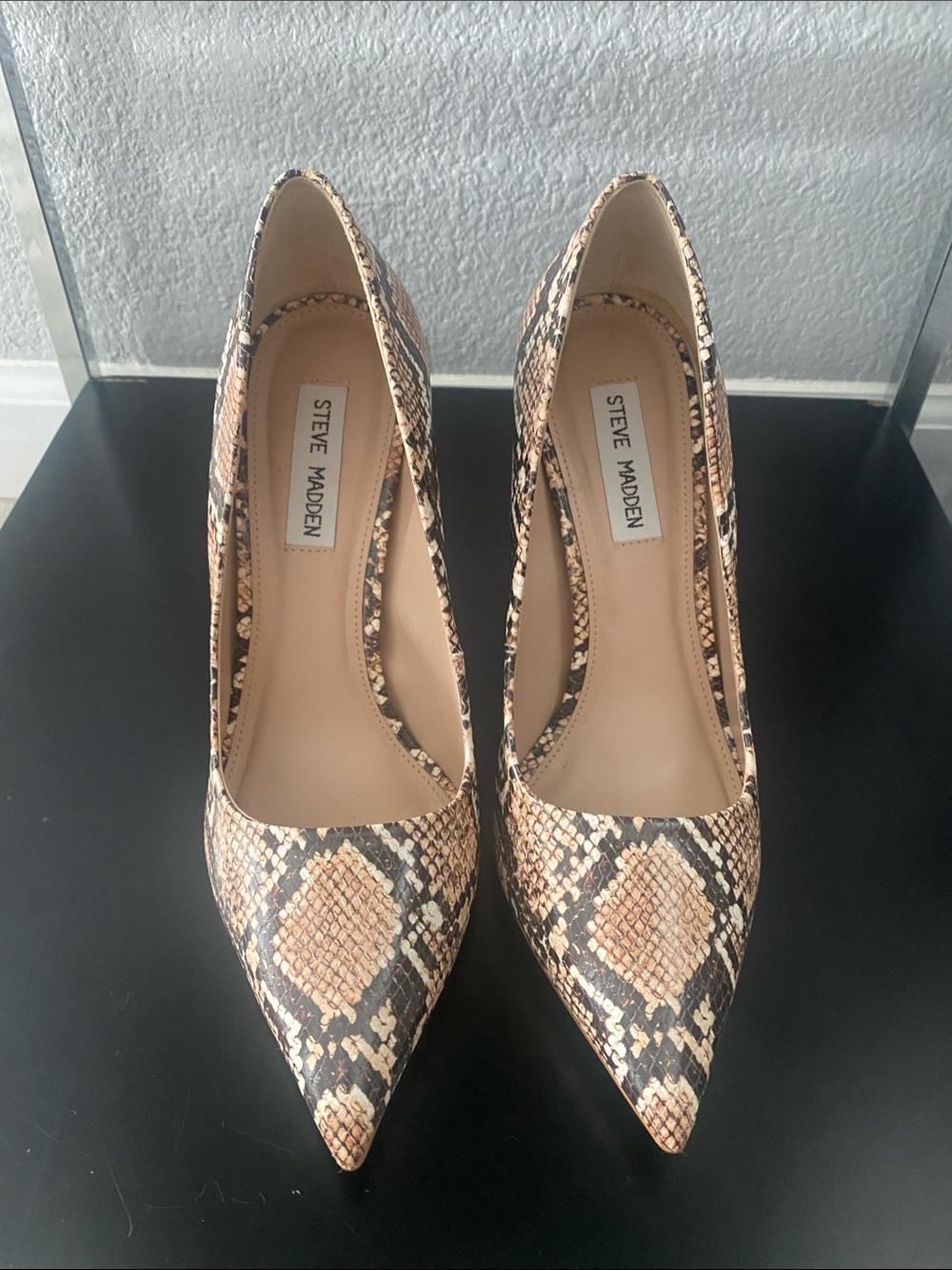Steve Madden Vala Snake-Print Pointed Pumps in Tan and Black